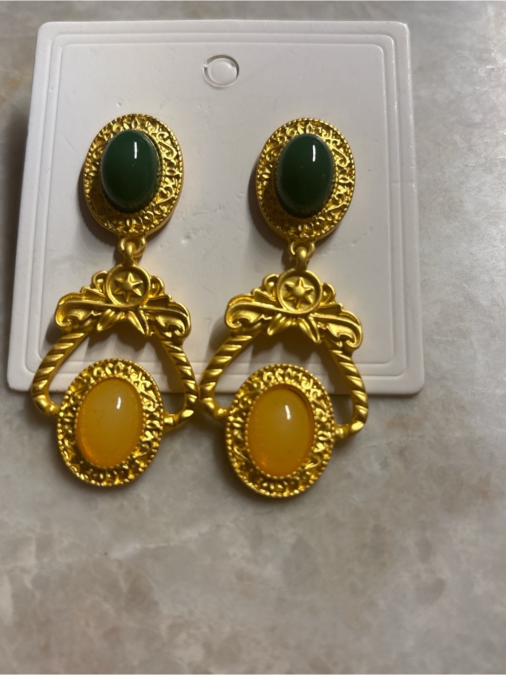 Vintage Gold-Tone Drop Earrings with Green and Yellow Stones